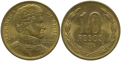 Чили 10 песо 1994 So KM 228.2, Schon 82 алюминиевая бронза aUNC 4544-542
