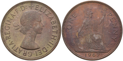 Великобритания 1 пенни 1967 Елизавета II (1952-2022) KM 897, Spink 4157 бронза 4593-245