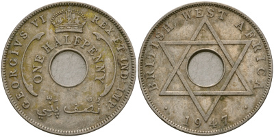 Британская Западная Африка 1/2 пенни 1947 H, Георг VI KM 18 медно-никель 25-1225