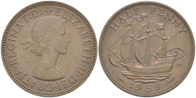 Великобритания 1/2 пенни 1959 Елизавета II (1952-2022) KM 896, Spink 4158 бронза 4544-116