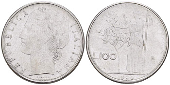 ИТАЛИЯ 100 ЛИР 1990 R, АФИНА, ДИАМЕТР 148 ММ. KM 96.2 нержавеющая сталь 4387-236