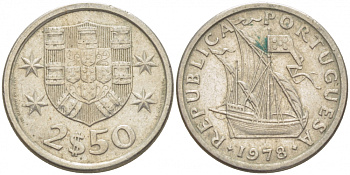 ПОРТУГАЛИЯ 2,5 ЭСКУДО 1978 ПАРУСНИК KM 590 медно-никель 3718-322