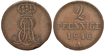 Ганновер 2 пфеннига 1846 A, Эрнст Август (1837-1851) KM 174.1, AKS 122, J. 55 медь 75-1832