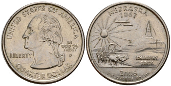 США 25 центов (квотер) 2006 P, серия штаты США, Небраска KM 384 медь плакированная медно-никелем 4603-1156