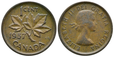 КАНАДА 1 ЦЕНТ 1957 КЛЕНОВЫЙ ЛИСТ, ЕЛИЗАВЕТА II KM 49 бронза 46-2544