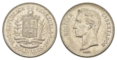 Венесуэла 2 боливара 1990 Симон Боливар Y 43a сталь плакированная никелем 4583-432