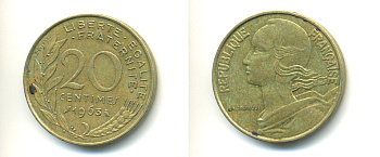 ФРАНЦИЯ 20 САНТИМОВ 1963 KM 930 медь алюминий никель 86-1733