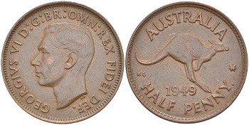 Австралия 1/2 пенни 1949 p, Георг VI (1936-1952), КЕНГУРУ KM 42 бронза 4514-832