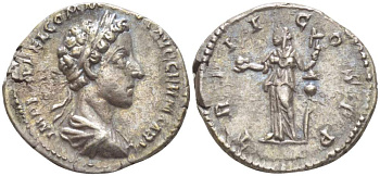Римская Империя денарий 177 Коммод, IMP L AVREL COMMODVS AVG GERM SARM, бюст императора / TR P II COS P P, Фидея, персонификация Верности, Рим, 3,29 гр RIC 638 серебро 1073-18-96