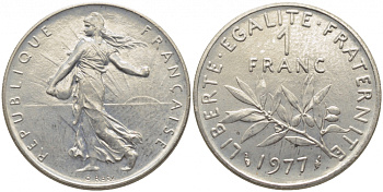 ФРАНЦИЯ 1 ФРАНК 1977 СЕЯТЕЛЬ KM 925.1, LE FRANC 226.22 никель 3856-747