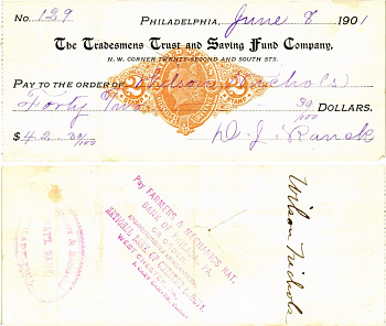 США чек на 42,30 долларов 1901 Филадельфия бумага 3295-118-3-2