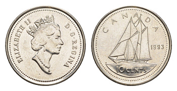 Канада 10 центов 1993 Елизавета II (1952-2022), парусник KM 183 никель UNC 4636-637