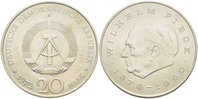 ГДР 20 марок 1972 А, Вильгельм Пик (1876-1960) KM 42 медно-никель 4521-444