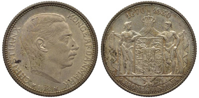 Дания 2 кроны 1930 N; AH, 60 лет королю Кристиану X (1870-1930) KM 829 серебро    69-413