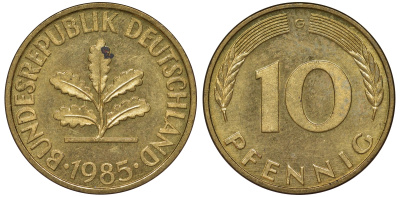 ФРГ 10 пфеннигов 1985 G KM 108, J. 383 сталь плакированная латунью 62-1225