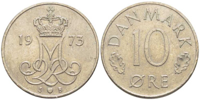 ДАНИЯ 10 ЭРЕ 1973 S; B, МАРГРЕТЕ II (1972-) KM 860.1 медно-никель 116-239