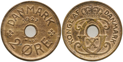 ДАНИЯ 2 ЭРЕ 1927 HCN; GJ, КРИСТИАН X (1912-1947) KM 827.1 бронза 28-1024