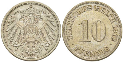 ГЕРМАНИЯ 10 ПФЕННИГОВ 1912 A KM 12, J. 13, Weege 8 медно-никель 212-215