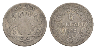 Баден 6 крейцеров 1842 Леопольд (1830-1852) KM 210 серебро 4604-1042