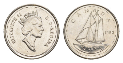 Канада 10 центов 1993 Елизавета II (1952-2022), парусник KM 183 никель UNC 4636-637