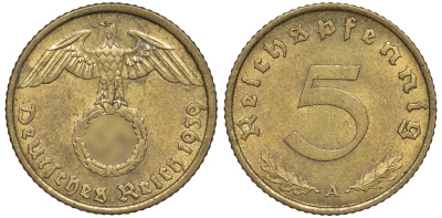 Германия 5 рейхспфеннигов 1939 A KM 91, J. 363 алюминиевая бронза 4602-1261