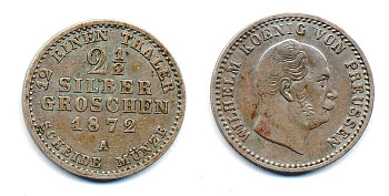 ПРУССИЯ 2 1/2 ЗИЛЬБЕРГРОША 1872 A KM 486 серебро 00-00