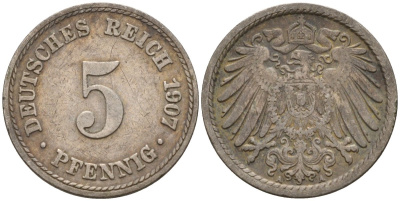 Германия 5 пфеннигов 1907 A KM 11, J. 12 медно-никель 4151-459