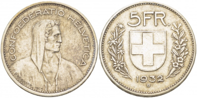 Швейцария 5 франков 1932 KM 40 серебро 650-1221