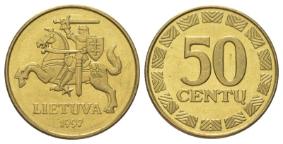 Литва 50 центов 1997 KM 108 никель латунь UNC 4624-637