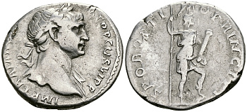 Римская Империя денарий 103 - 104 Траян SPQR OPTIMO PRINCIPI Виртута, персонификация Доблести Рим Very fine RIC 289 серебро 1073-4-43