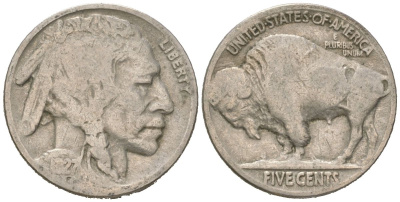 США 5 центов 1927 индеец, бизон KM 134 медно-никель 4614-1117