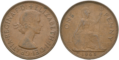 Великобритания 1 пенни 1965 Елизавета II (1952-2022) КМ 897, Spink 4157 бронза    4110-413