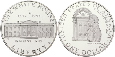 США 1 доллар 1992 W, 200 лет Белому Дому KM 236 серебро PROOF 11-087-43
