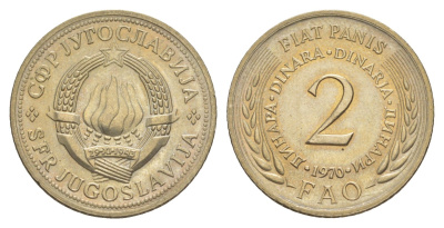 Югославия 2 динара 1970 Продовольственная программа - ФАО KM 55 медь цинк никель UNC 4543-1151