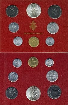 Ватикан набор из 8 монет 1973 1, 2, 5, 10, 20, 50, 100, 500 лир, в оригинальном буклете KM MS77 серебро UNC 8-1-01-20