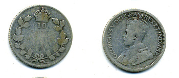 Канада 10 центов 1928 Георг V (1910-1936) KM 23a серебро     46-1135