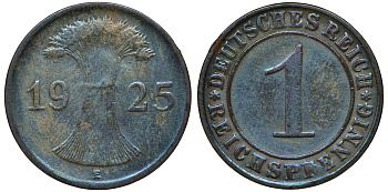 ГЕРМАНИЯ 1 РЕЙХСПФЕННИГ 1925 E KM 37, J. 313 бронза 72-1139