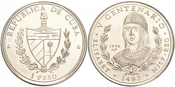 Куба 1 песо 1990 500 лет открытия Америки, королева Изабелла KM 307 медно-никель UNC M21-2