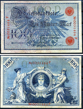 Германия 100 марок 1908 7 февраля 1908, номер 29 мм, серия D, буква F, выпуск конец 1916 - ноябрь 1918, красная печать Pick 33 бумага 8619-26-2-1