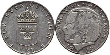 Швеция 1 крона 1979 Карл XVI Густав (1973- ) KM 852 медь плакированная медно-никелем 4397-921