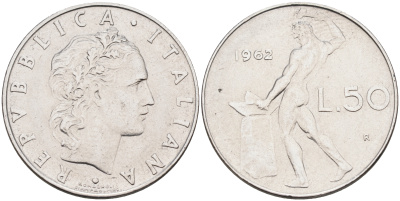 Италия 50 лир 1962 R, бог огня Вулкан у наковальни KM 95.1 нержавеющая сталь 4595-354
