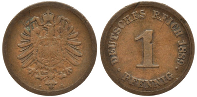 ГЕРМАНИЯ 1 ПФЕННИГ 1889 G, СТАРОГЕРБОВКА KM 1, J. 1, Weege 1 медь 53-548