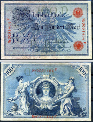 Германия 100 марок 1908 7 февраля 1908, номер 29 мм, серия D, буква F, выпуск конец 1916 - ноябрь 1918, красная печать Pick 33 бумага 8619-26-2-1