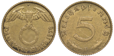 Германия 5 рейхспфеннигов 1939 B KM 91, J. 363 алюминиевая бронза 4602-1264