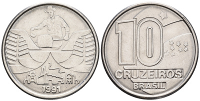 Бразилия 10 крузейро 1991 золотодобыча KM 619.2 нержавеющая сталь 87-143