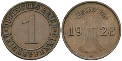 Германия 1 рейхспфенниг 1928 A KM 37, J. 313 бронза 4189-1124