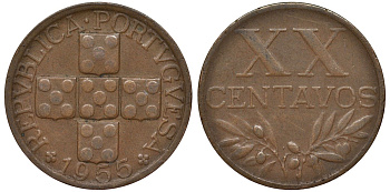 Португалия 20 сентаво 1955 KM 584 бронза 4164-364