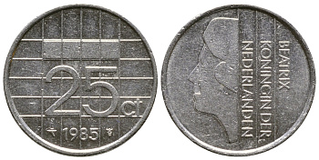 НИДЕРЛАНДЫ 25 ЦЕНТОВ 1985 БЕАТРИКС KM 204 никель 4383-1121