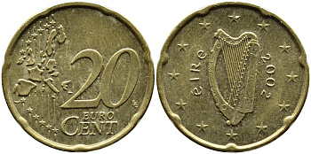 ИРЛАНДИЯ 20 ЕВРОЦЕНТОВ 2002 KM 36 латунь 4390-957