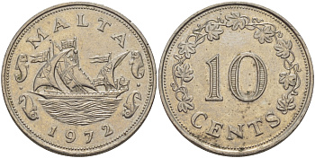 Мальта 10 центов 1972 баржа Великого магистра KM 11 медно-никель 82-523